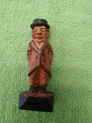 Vtg Hand Carved Painted Wood Folk Art Old Man Hat Coat 2 3/4in.  Pre - Owned