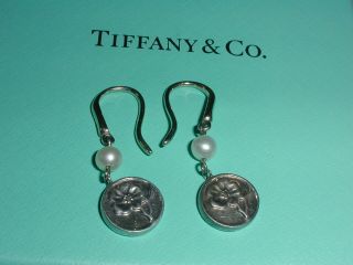 Rare Authentic Tiffany & Co Sterling Rose Flower Pearl Dangle Hook Earrings