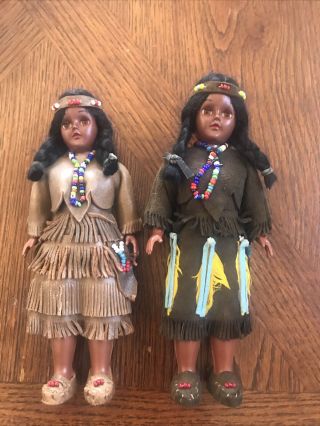 2 Vintage Plastic Native American Indian Dolls.  Leather Clothes Baby Beaded Toys