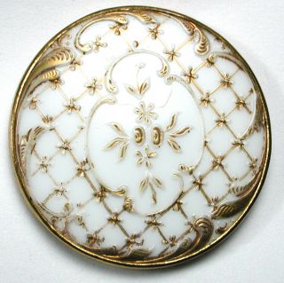 Lg Antique Victorian Glass Button Fancy Design In Brass Back - 1 & 5/16