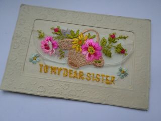 Antique Wwi Trench Art Embroidery Postcard - To My Dear Sister