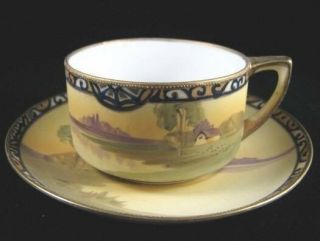 Antique Nippon Cups & Saucers With Landscape & Gold " M In Wreath " 47