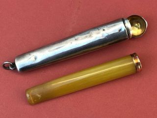 Antique 9ct Gold & Amber Cheroot Holder With Matching Solid Silver Case C1917