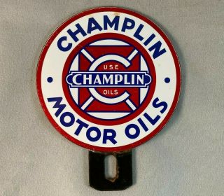 Vtg Champlin Motor Oils License Plate Topper Porcelain Rare Old Advertising Sign