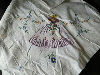 Antique/ Vintage Crinoline Lady Embroidered Tablecloth / Table Linen