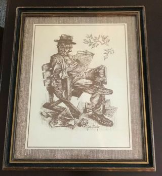 Vintage 60s Jim Daly Lithograph " Still Trying " Hobo Bench Racing Bets 9”x 12 "