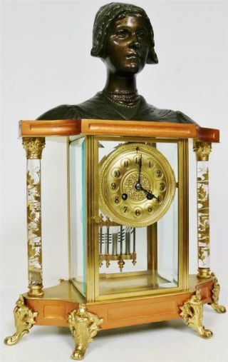 Rare Antique French 8 Day Bronze 4 Glass Figural Bust Regulator Mantle Clock 2