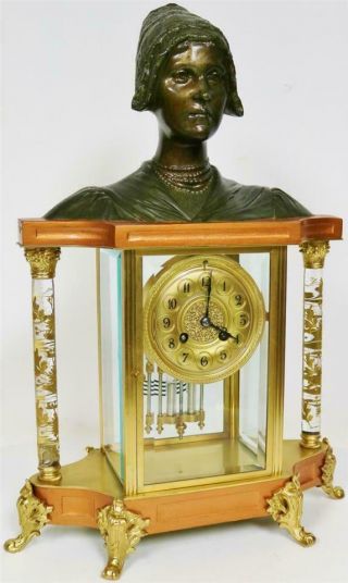 Rare Antique French 8 Day Bronze 4 Glass Figural Bust Regulator Mantle Clock 3