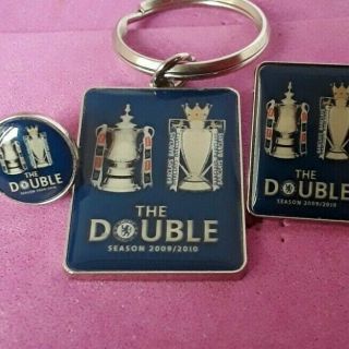 Rare Chelsea Football Club " The Double " Pin Badge And Keyring Set 2009.  10 (g115)