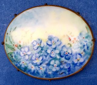 Antique Victorian Brooch Pin Hand Painted Blue Violets On Oval Porcelain 2 1/2”