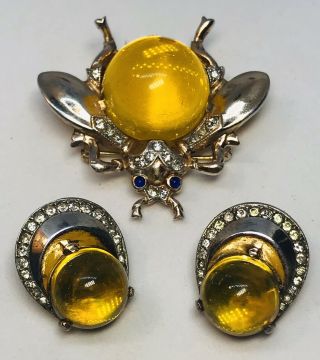 Rare Color Trifari Sterling Alfred Philippe Amber Lucite Jelly Belly Bug Set