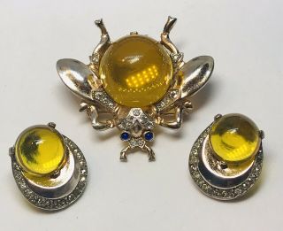 Rare Color Trifari Sterling Alfred Philippe Amber Lucite Jelly Belly Bug Set 3