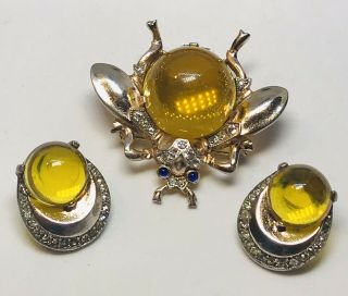 Rare Color Trifari Sterling Alfred Philippe Amber Lucite Jelly Belly Bug Set 4
