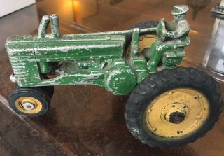 Vintage Cast Iron / Aluminum Toy Tractor With Rider Antique Farm Old Green Paint
