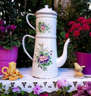 Gorgeous Antique Enameled French Coffee Pot Japy Pansys 1920s Art Deco Rare