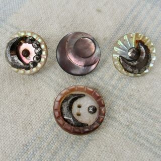 Assortment Of 4 Mother Of Pearl Buttons W Crescent Moon & Star Cut Steels