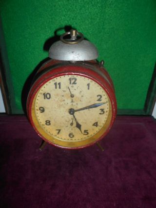 Rare Vintage Alarm Clock Gustav Becker German Mechanical Painted Red