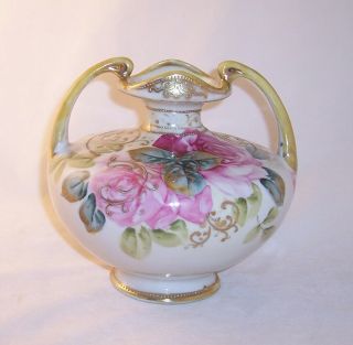 Lovely Hand Painted Roses Antique Nippon Double Handle Squat Vase