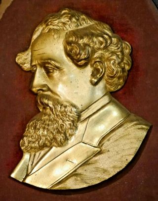 Rare Ormolu (gold) Bronze Bust Of Charles Dickens,  On Oval Velvet Mount.  1870