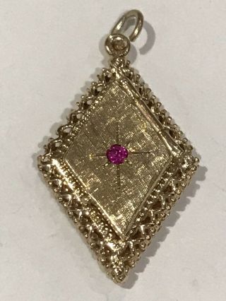 Rare Vintage 14k Gold Diamond Shaped Locket W/ Ruby Bracelet Charm