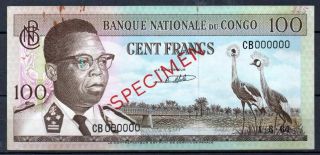 Congo 100 Francs Specimen P 6s 1964 Au Rare