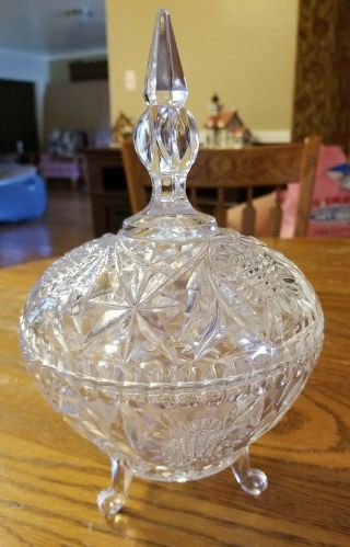 Vintage Lead Crystal Clear Cut Glass Candy Dish Three Footed With Lid And Finial