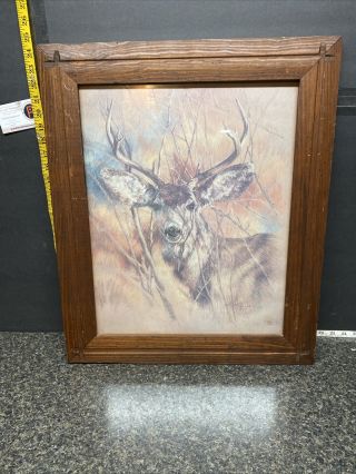 Vintage Signed K Maroon 1978 Silent Buck Deer Solid Wood Picture Frame Art.
