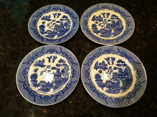 Antique Vintage Blue Willow Pattern Set Of Four Dinner Plates 9.  25 " Marked Japan