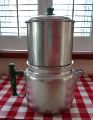 Rare Vintage 4 - Piece Drip - O - Lator Aluminum 8 Cup Coffee Pot W/green Wood Handles