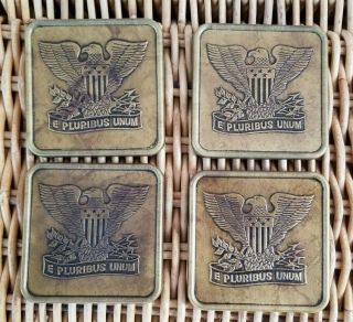 Vintage American Eagle Coaster Usa E Pluribus Unum Antique Gold Tone - Set Of 4