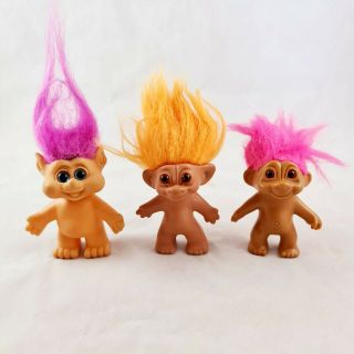3x Med Vintage Trolls 9cm High - Pink,  Purple & Orange Hair