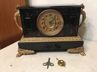 Rare Antique Ansonia Sicily Model Iron Case Mantle Clock W/ Griffin Or Dragons