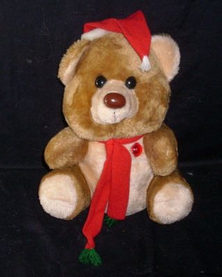 12 " Vintage Christmas Roc Tan Brown Teddy Bear Musical Stuffed Animal Plush Toy