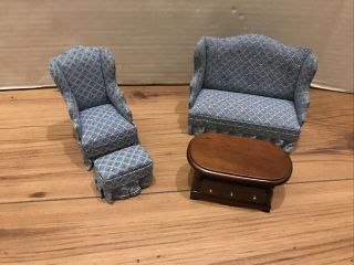 Vintage Dollhouse Miniature Furniture Floral Wing Back Chair & Sofa With Table