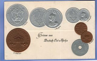 Rare 1911c Embossed Coin Currency & Flag German East Africa Vintage Postcard