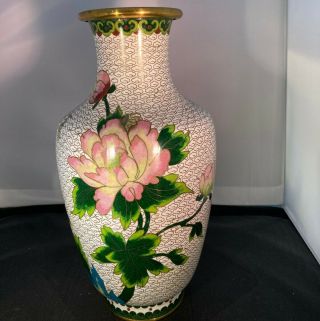 Antique Chinese Cloisonne 10 Inch Brass Floral Vase White Enamel Clouds Birds