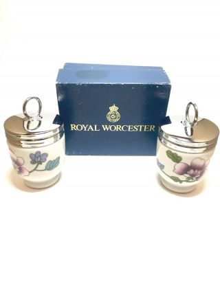 Rare Vintage Royal Worcester Egg Coddler Set Of 2 Silver W/ Flowers