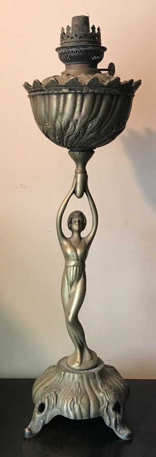 Rare Antique Bronze Brass Art Nouveau Figural Lady Oil Lamp