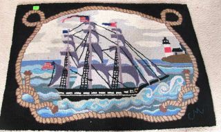 Rare Claire Murray Tall Sailing Ship Hand Hooked Fine Wool Rug R 233