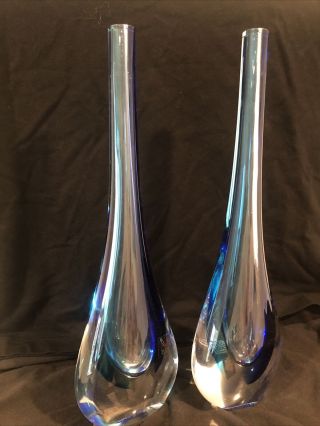 Rare Signed Set Of Two Murano Glass Single Drop Vase Italy Pair Label Couple 14” 2