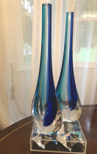 Rare Signed Set Of Two Murano Glass Single Drop Vase Italy Pair Label Couple 14” 3