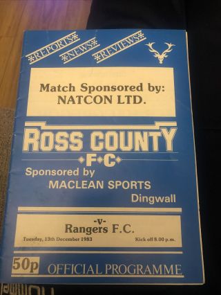 Ross County V Rangers Match Programme Rare 13/12/83 1983