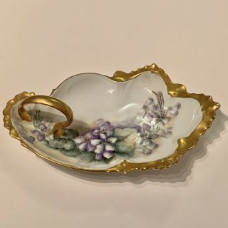 Antique Mz Austria Hand Painted Porcelain Handled Dish,  Violets With Gold Trim