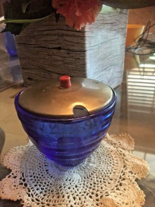 Rare Vintage Colbalt Blue Condiment Dish Tin Lid Red Wood Knob Hazel Atlas