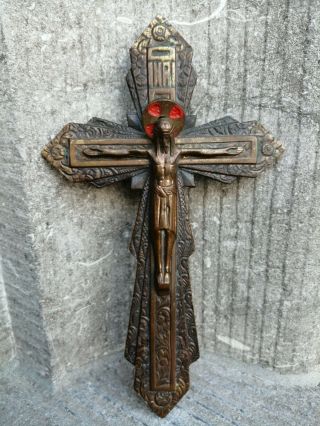 Antique Vintage Art Deco Priests Nun Room Bronze Wall Cross Jesus Christ Copus /
