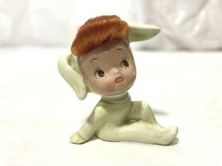 Vtg Mcm Xmas Rare Yellow/green Elf Pixie Girl W Red Hair Ceramic Figurine