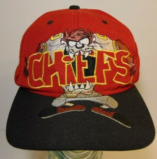 Rare Vintage 1990s Kansas City Chiefs Tasmanian Devil Big Logo Nfl Snapback Hat