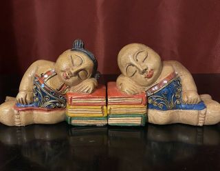 Vintage Hand Carved Wooden Chinese Man And Woman Bookends Multi Colored