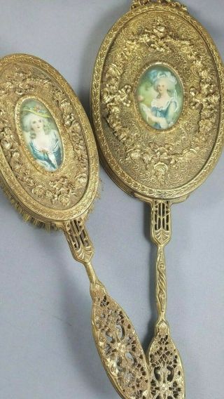 Vtg Rare Apollo Gold Hand Mirror & Brush Set W/ Hand Painted Miniature Portrait