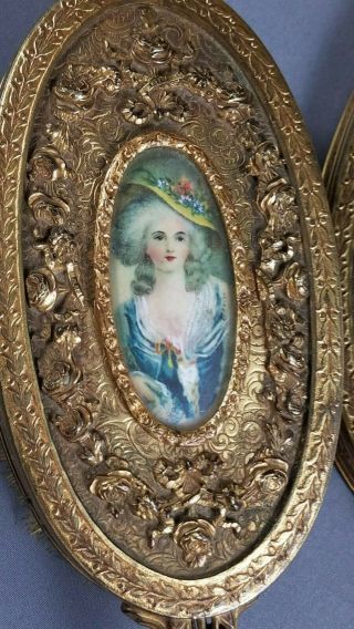 Vtg Rare Apollo Gold Hand Mirror & Brush Set w/ Hand Painted Miniature Portrait 2